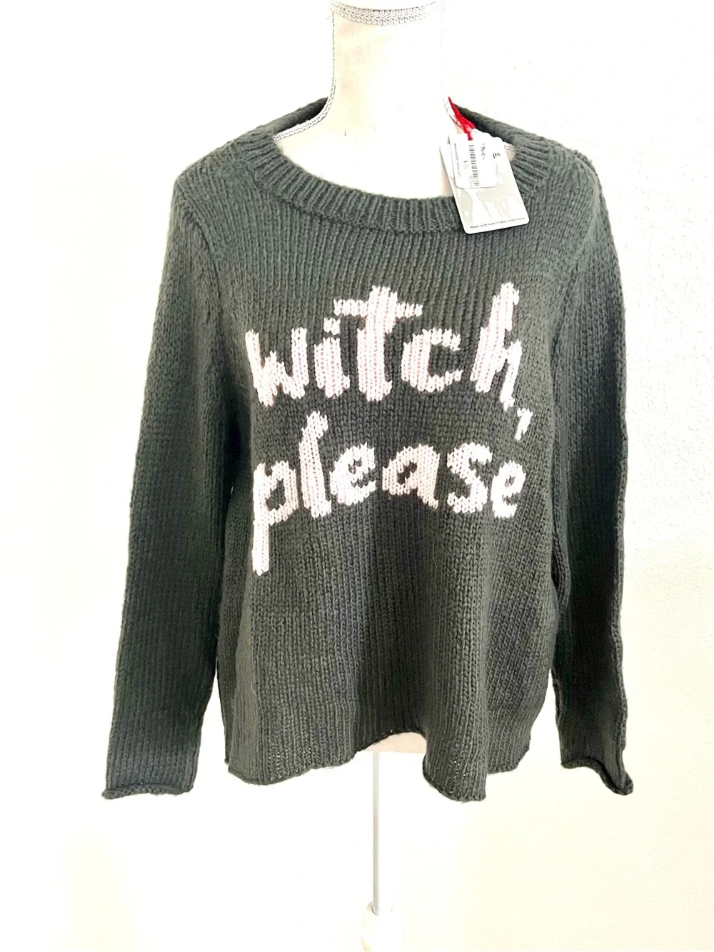 Wooden Ships Charcoal Knit Sweater with Pink Script Witch